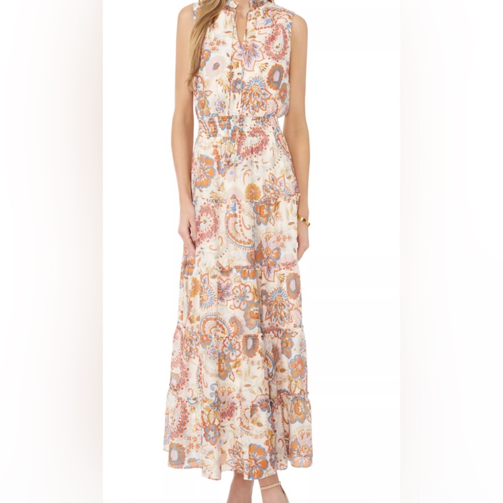 MSK floral paisley vanilla ice Cream and Orange halter sleeveless Maxi Dress nwt